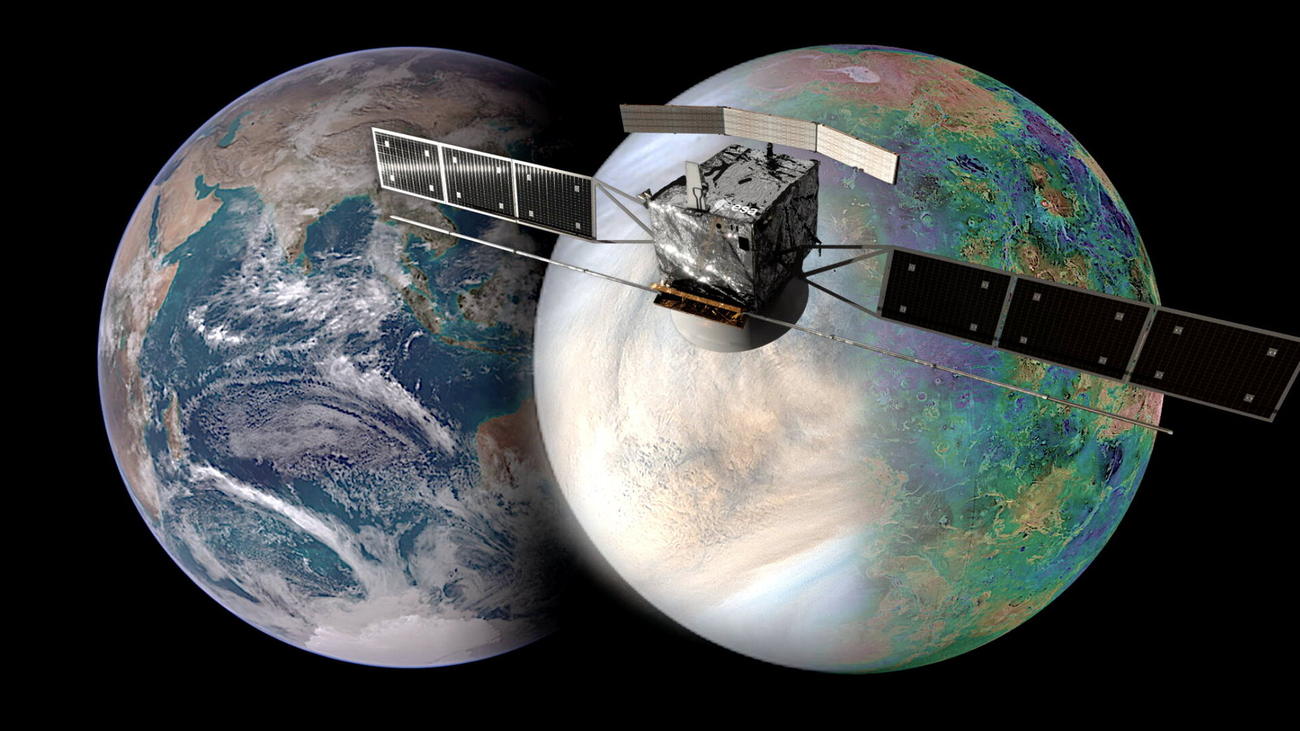 Simulación de la misión EnVision con la Tierra y Venus de fondo