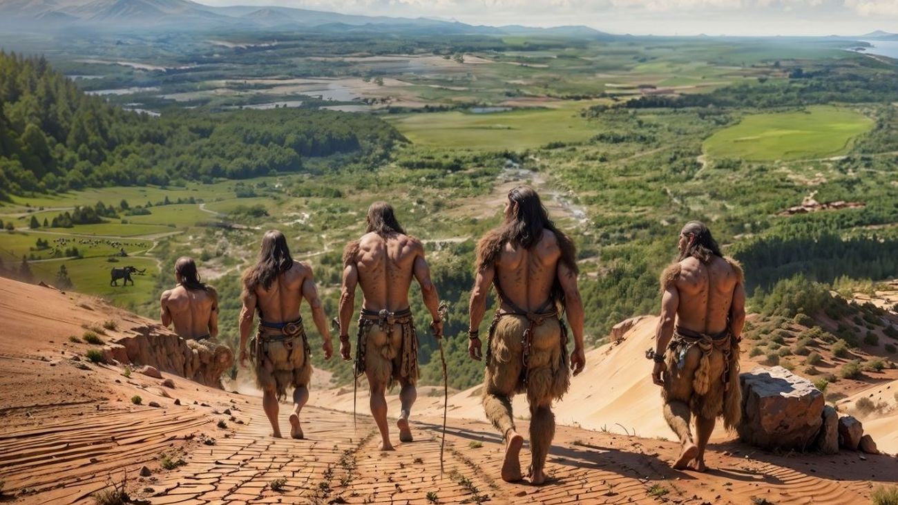 Recreación digital de un grupo de homo sapiens