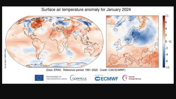 Anomalía de la temperatura del aire en superficie para enero de 2024 en relación con el promedio de enero para el período 1991-2020 / EUROPA PRESS