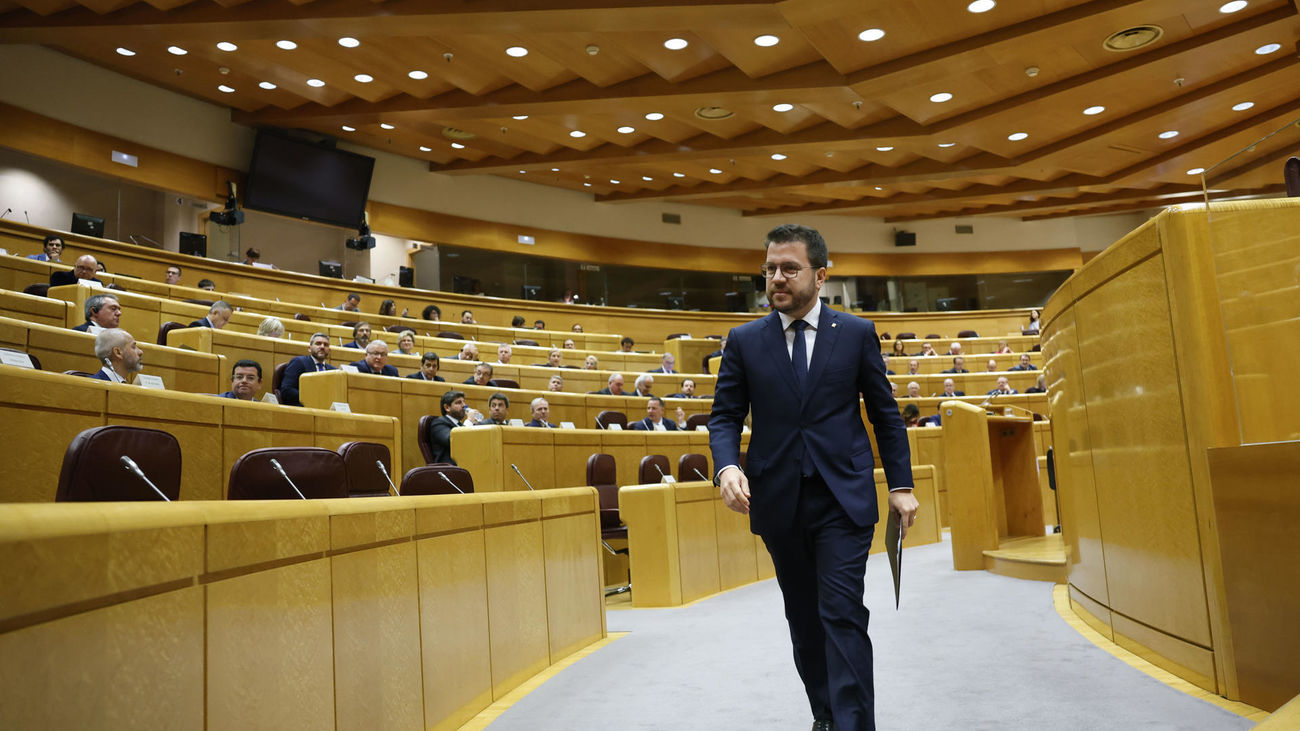 El presidente de la Generalitat, Pere Aragonès, tras su intervención en la sesión de la Comisión General de Comunidades Autónomas celebrada este lunes en el Senado