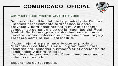 Un modesto club zamorano viraliza un 'post' para que el Real Madrid le invite a la Champions