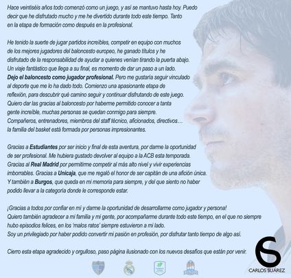 Carta de despedida de Carlos Suárez / Carlos Suárez @CarlosSuarezWeb