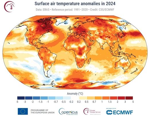 Anomalías de la temperatura del aire en la superficie para 2024 en relación con el promedio del período de referencia 1991-2020. / C3S / ECMWF