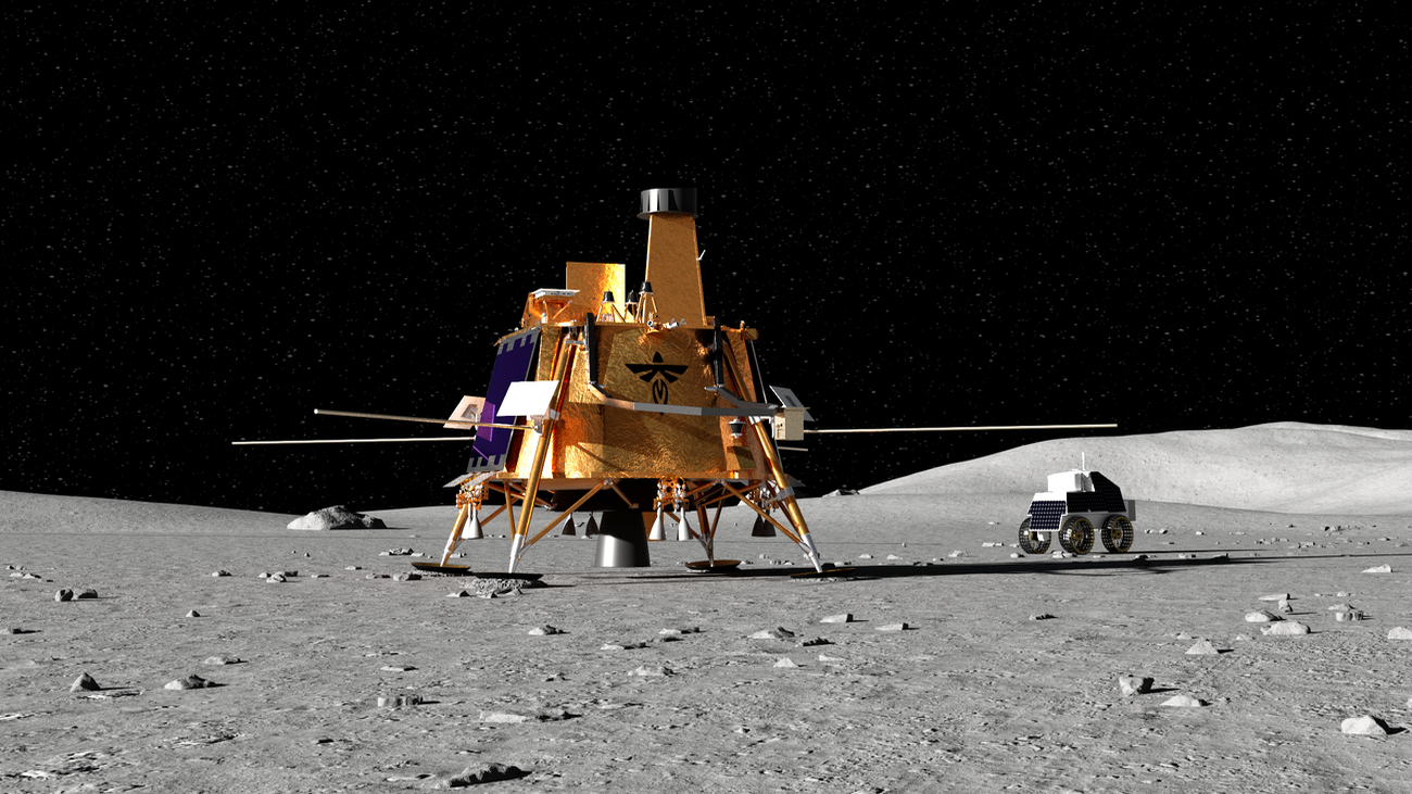 Ilustración de la nave Blue Ghost sobre la superficie de la Luna