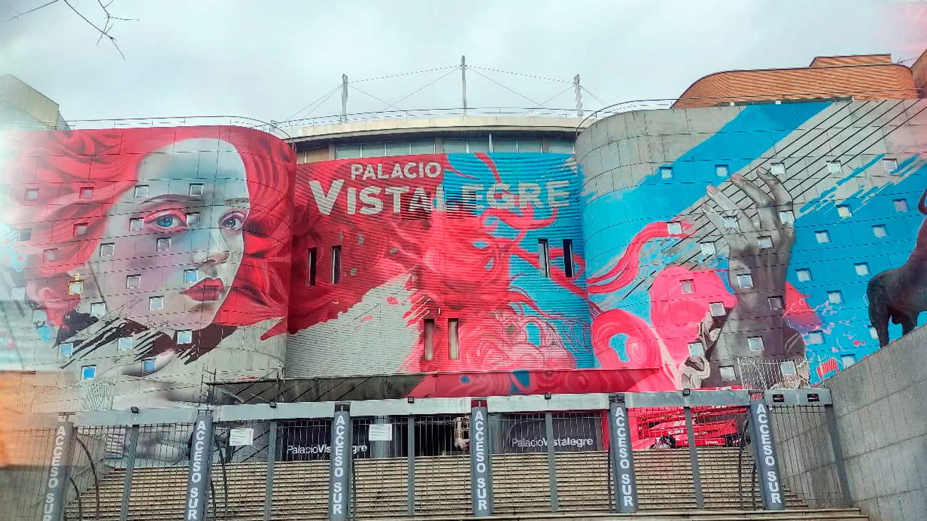 El mural más grande de España ya luce en la fachada del Palacio Vistalegre de Carabanchel