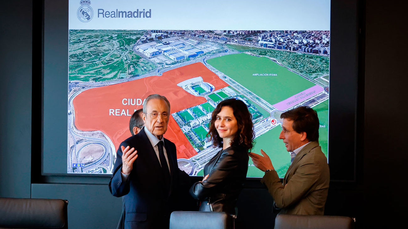 Florentino Pérez, Isabel Díaz Ayuso y Jose Luis Almeida en la presentación de 'Madrid Innovation District'