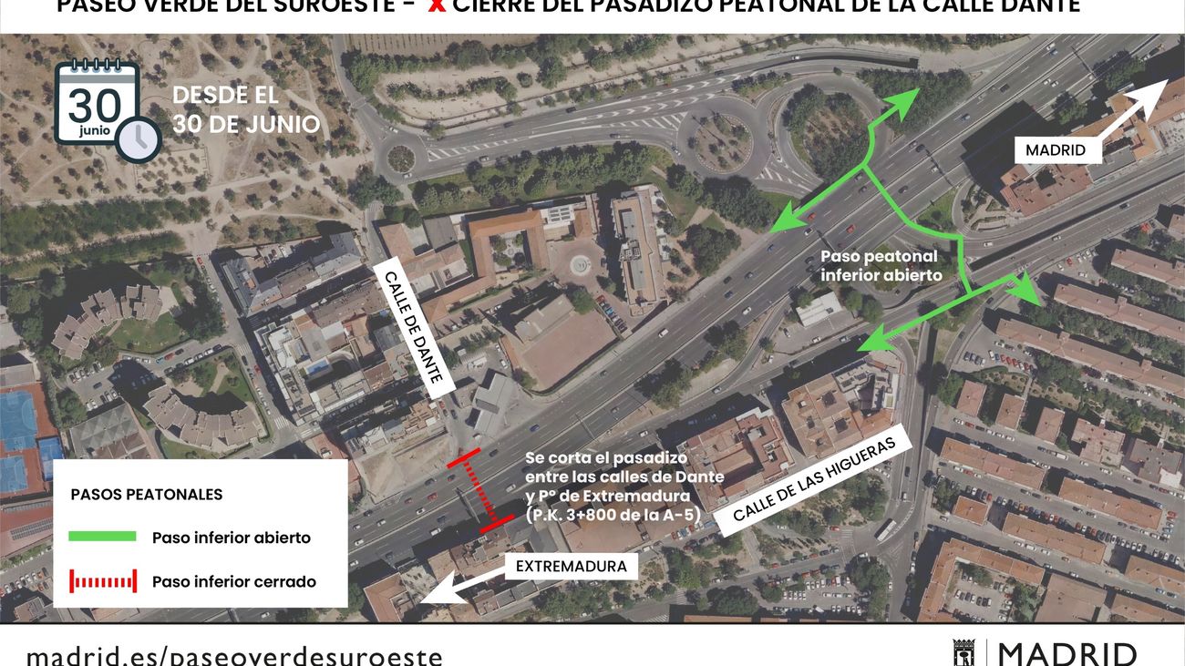 Este lunes se cierra el último paso peatonal subterráneo en las obras de la A-5, en la calle Dante