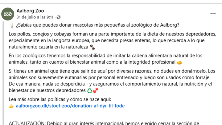Anuncio de Facebook del Zoo de Aalborg, en Dinamarca / Facebook