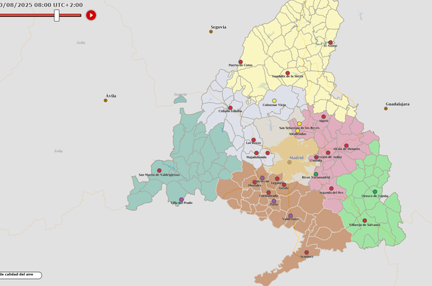Estado de las estaciones regionales de calidad del aire a primera hora del 20 de agosto / COMUNIDAD DE MADRID