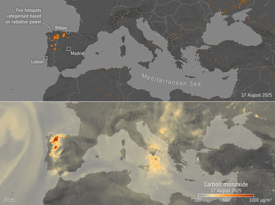 La ESA ha elaborado un mapa de la situación el 17 de agosto, que incluye el sur de Europa, el norte de África, el Mediterráneo y el mar Negro, y muestra tanto los focos de incendios como las concentraciones de monóxido de carbono atmosférico / EFE