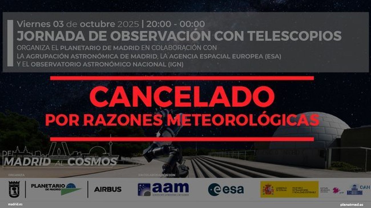Mensaje de cancelación de la actividad de observación con telescopios en el Planetario de Madrid