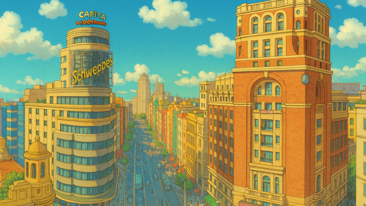 Imagen de la Gran Vía de Madrid con estilo de animación japonesa