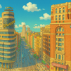 Imagen de la Gran Vía de Madrid con estilo de animación japonesa