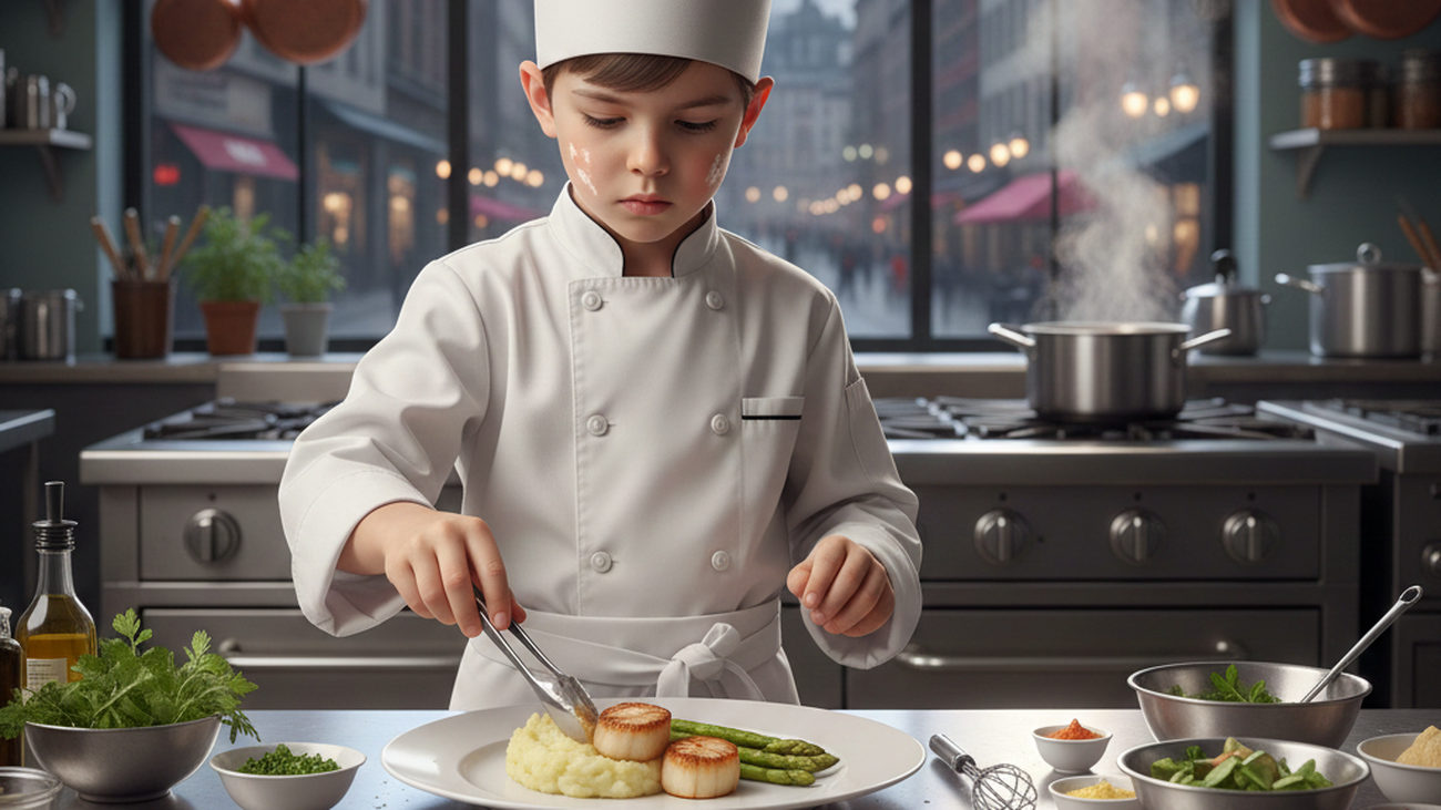 Un pequeño chef elabora un plato
