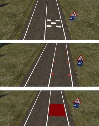 Marcas viales en damero, periféricas rojas y transversales rojas / UPM