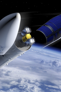 Ilustración de la apertura de la cofia del Ariane 6 para liberar los satélites de la constelación europea Galileo