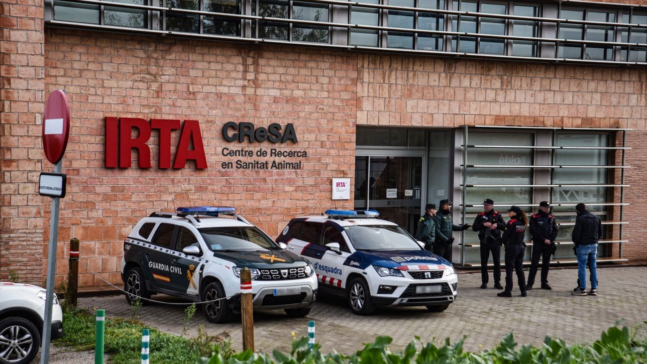 Agentes de la Guardia Civil y los Mossos d'Esquadra en el laboratorio del IRTA, en Barcelona