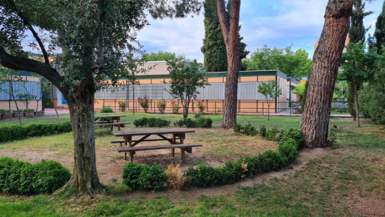 Zonas verdes en el interior del CEIP Ciudad de Jaén, en el barrio de Orcasur, distrito de Usera