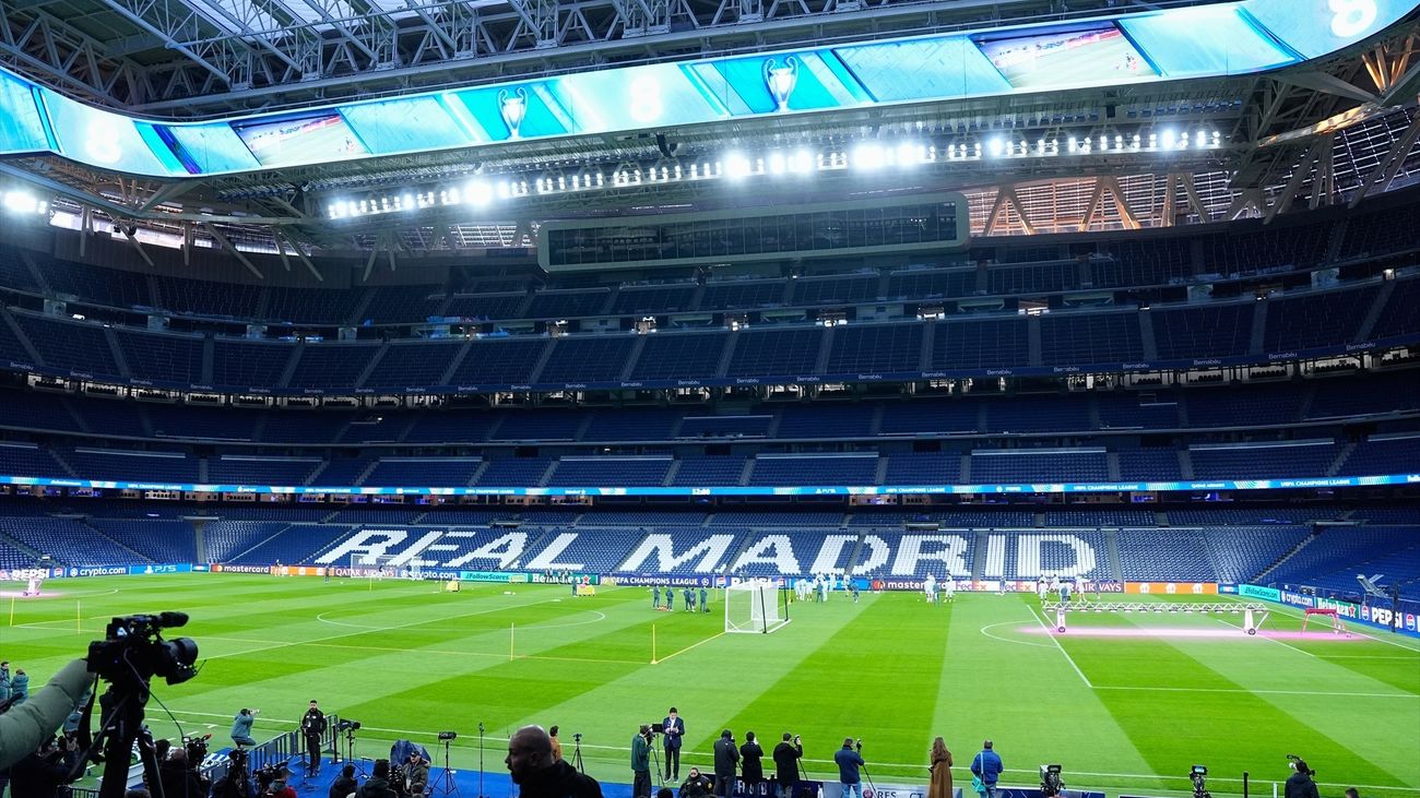 Vista general del interior del Santiago Bernabéu durante el entrenamiento del AS Mónaco antes de la Liga de Campeones de la UEFA