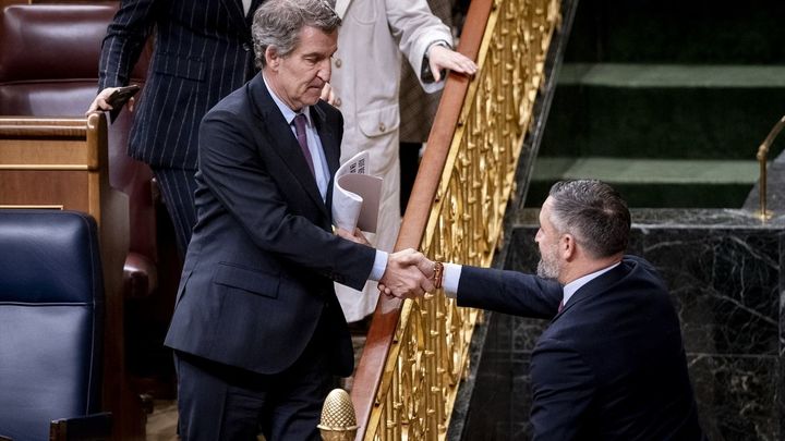 Núñez Feijóo, saluda al presidente de VOX, Santiago Abascal, en el Congreso de los Diputados