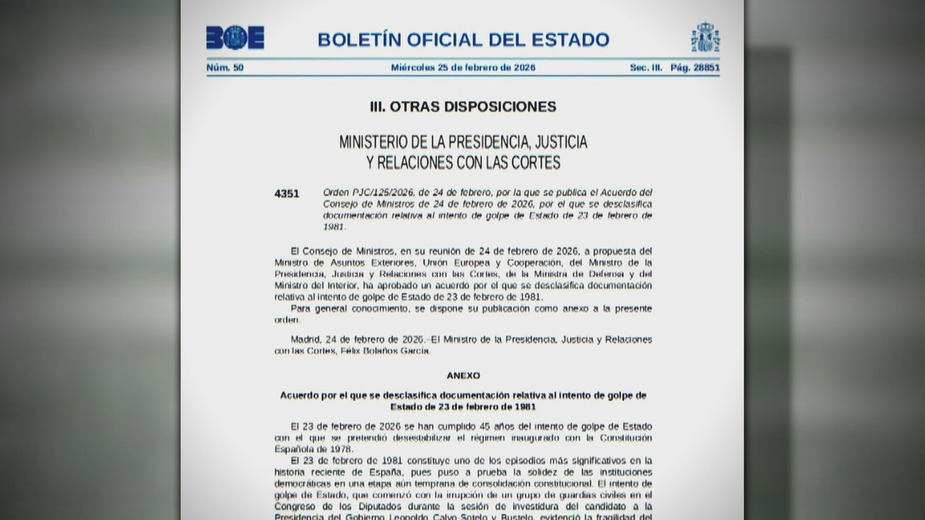El BOE publica el acuerdo que desclasifica los documentos del golpe de Estado del 23F