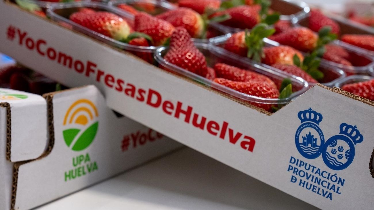 Una caja con tarrinas de fresas de Huelva