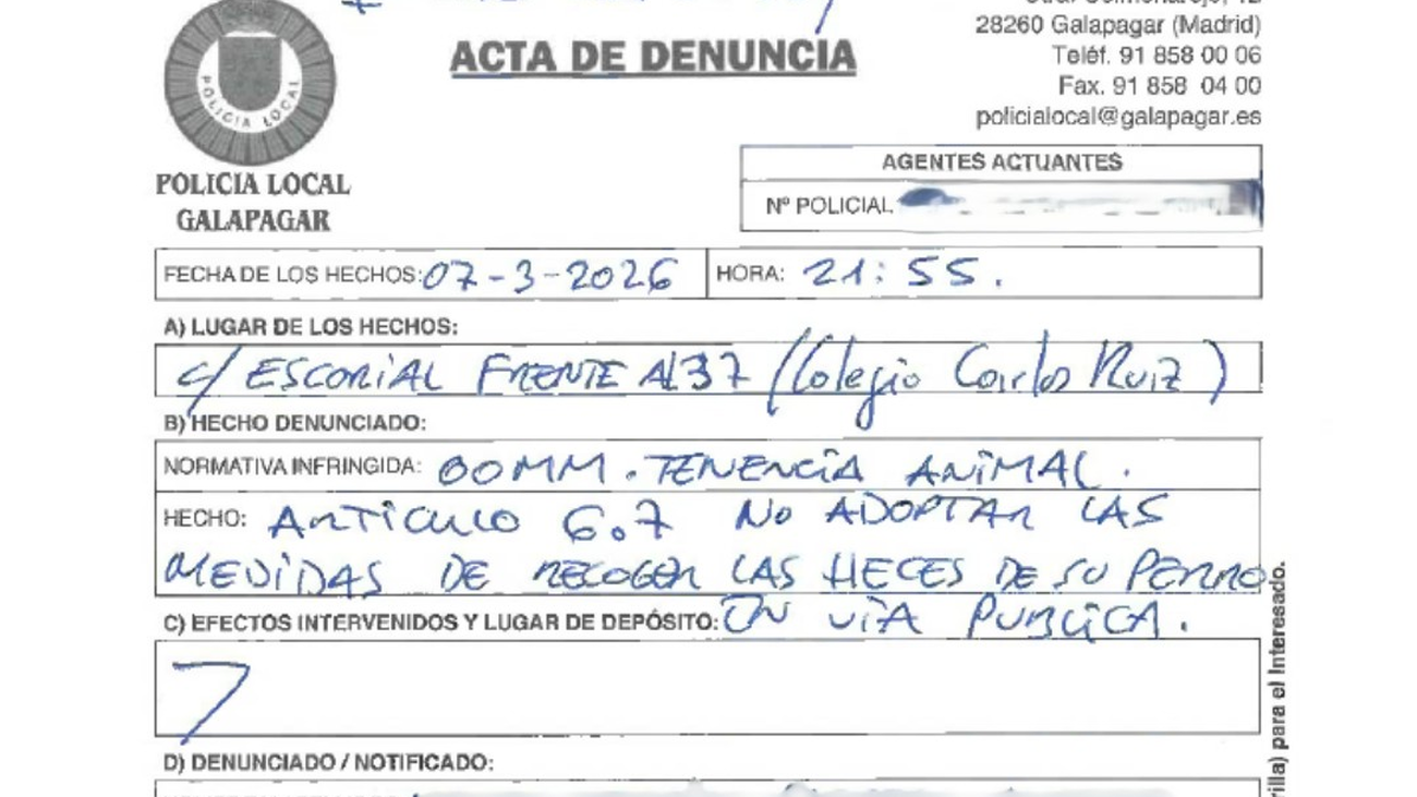 Denuncia de la Policía Local de Galapagar a un vecino por no recoger las heces de su perro