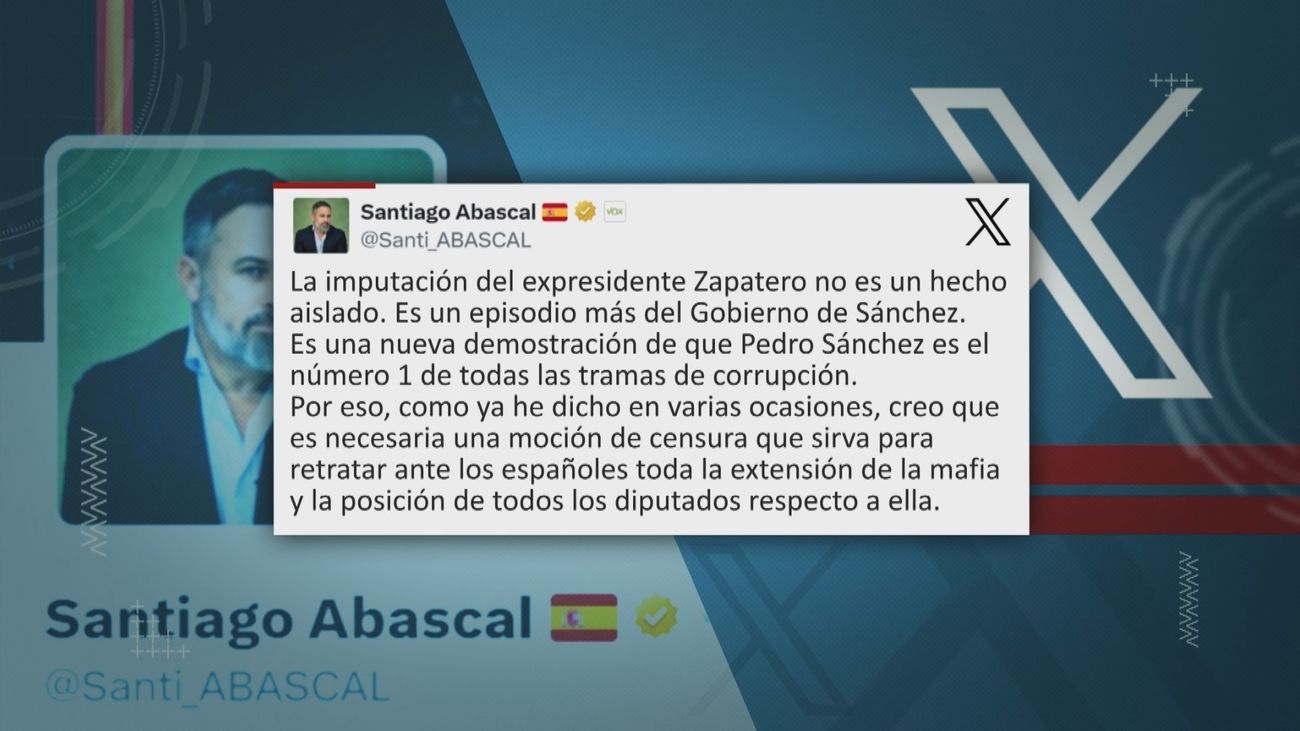 Vox pide al PP una moción de censura tras la imputación de Zapatero: "Sánchez es el 'uno' de todas las tramas"