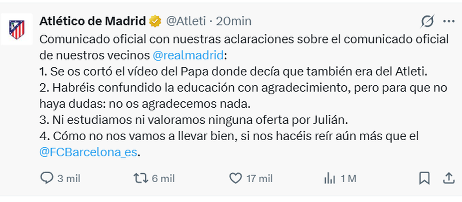 Tuit del Atlético de Madrid / TWITTER