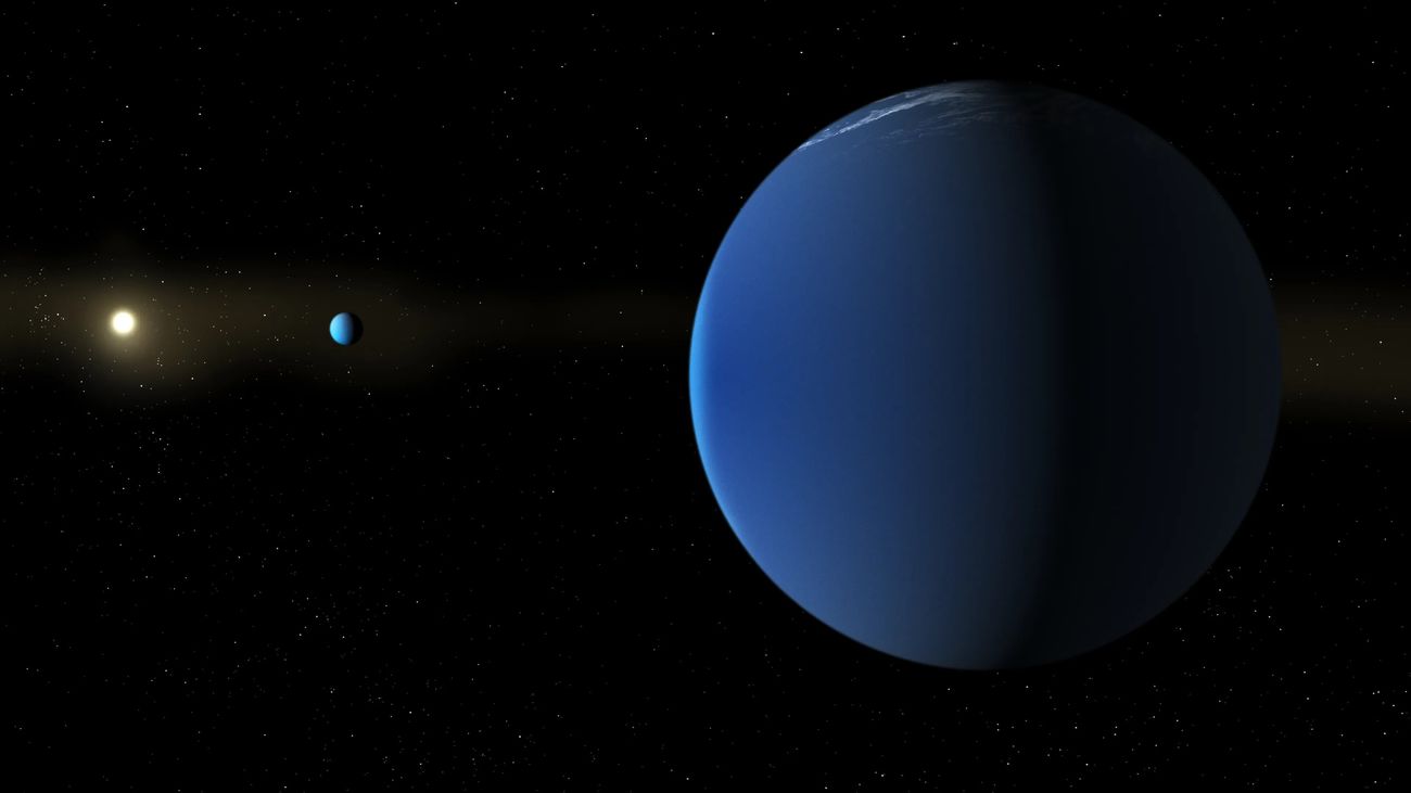 Ilustración de la estrella TOI-791, similar al Sol, y los dos planetas gigantes TOI-791 b y TOI-791 c