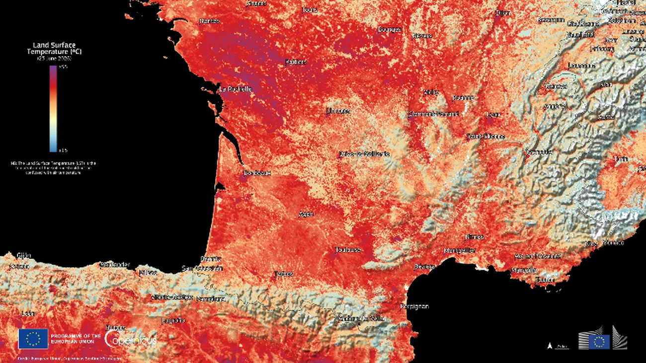 Imagen satélite del 23 de junio de 2026 con temperaturas a nivel de suelo en el norte de España y sur de Francia