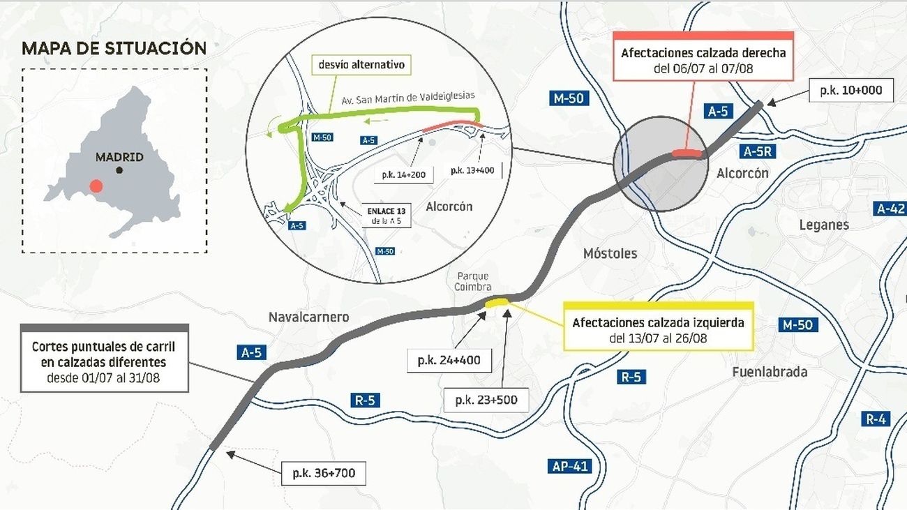 Esquema de los trabajos en la A-5 en Navalcarnero, Móstoles y Alcorcón