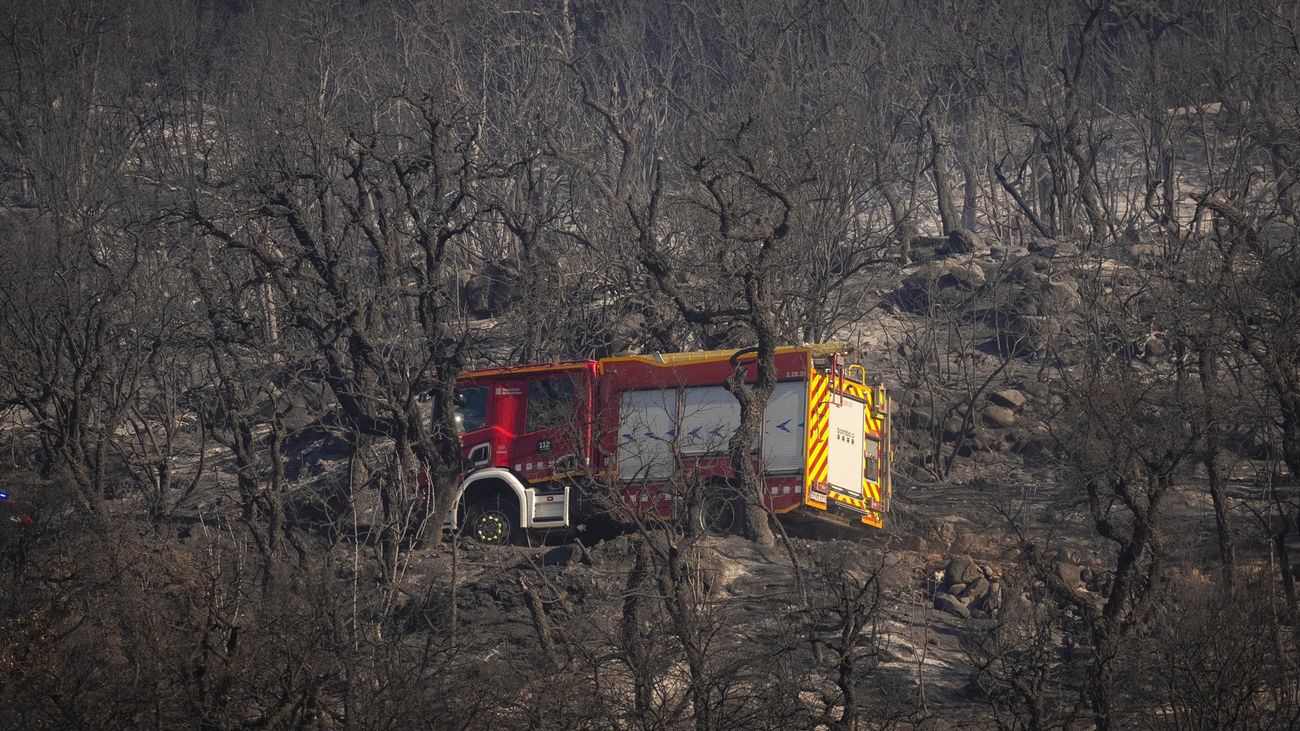 Un camión de bomberos cruza una zona arrasada por las llamas del incendio forestal en La Bisbal de l'Empordà (Girona)