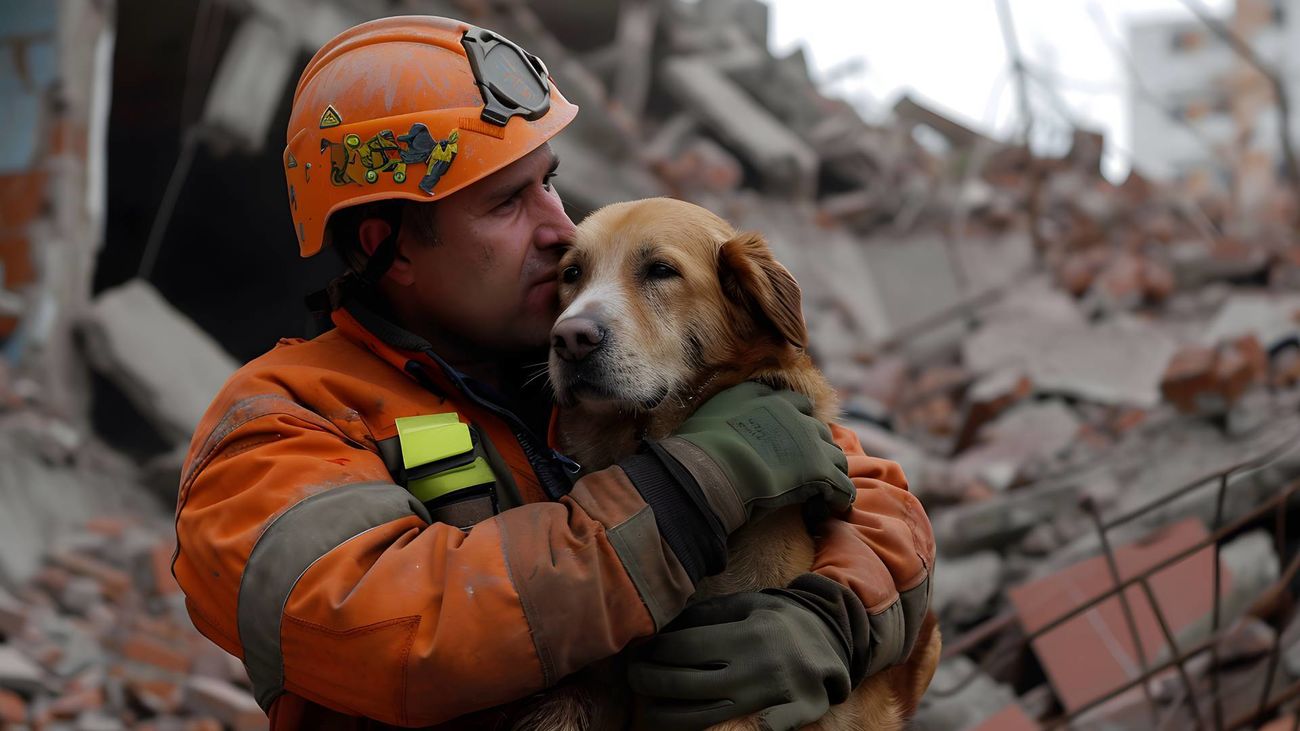 Imagen de un efectivo de emergencias rescatando a un perro
