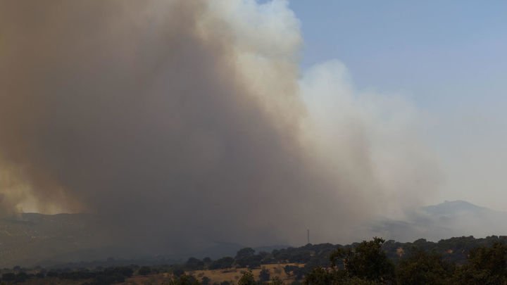 Columnas de humo producidas por el incendio que se mantiene activo en la localidad madrileña de Pelayos de la Presa / EFE