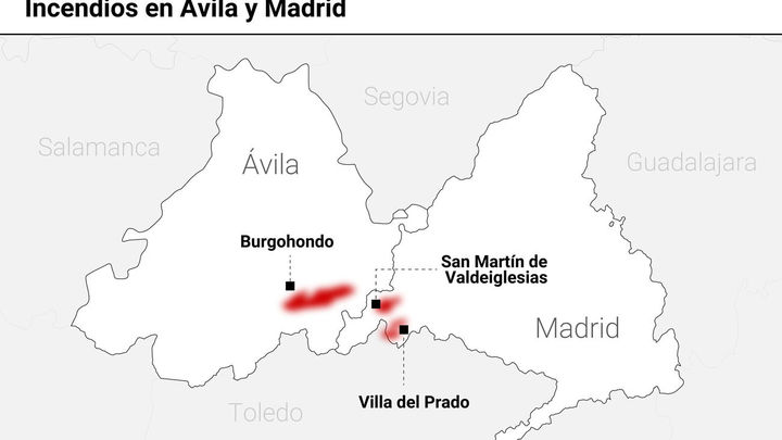 Mapa de los incendios en Ávila y Madird / EUROPA PRESS