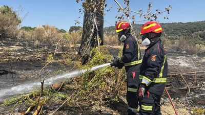 40 dotaciones y cinco medios aéreos siguen las labores de extinción del fuego en la Sierra Oeste