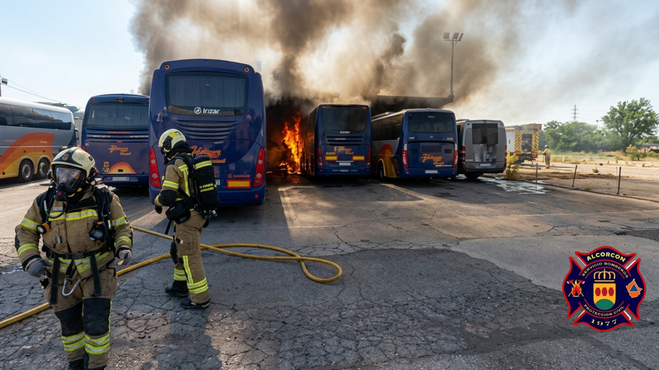 Los Bomberos de Alcorcón evitan que el incendio de varios autobuses se propague