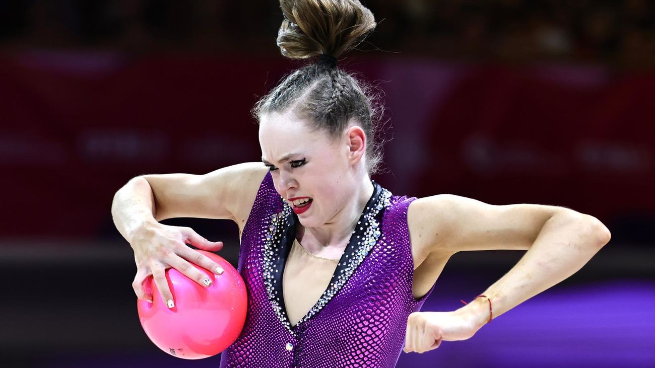 El equipo de España durante el Campeonato Mundial de Gimnasia Rítmica en Fráncfort, Alemania