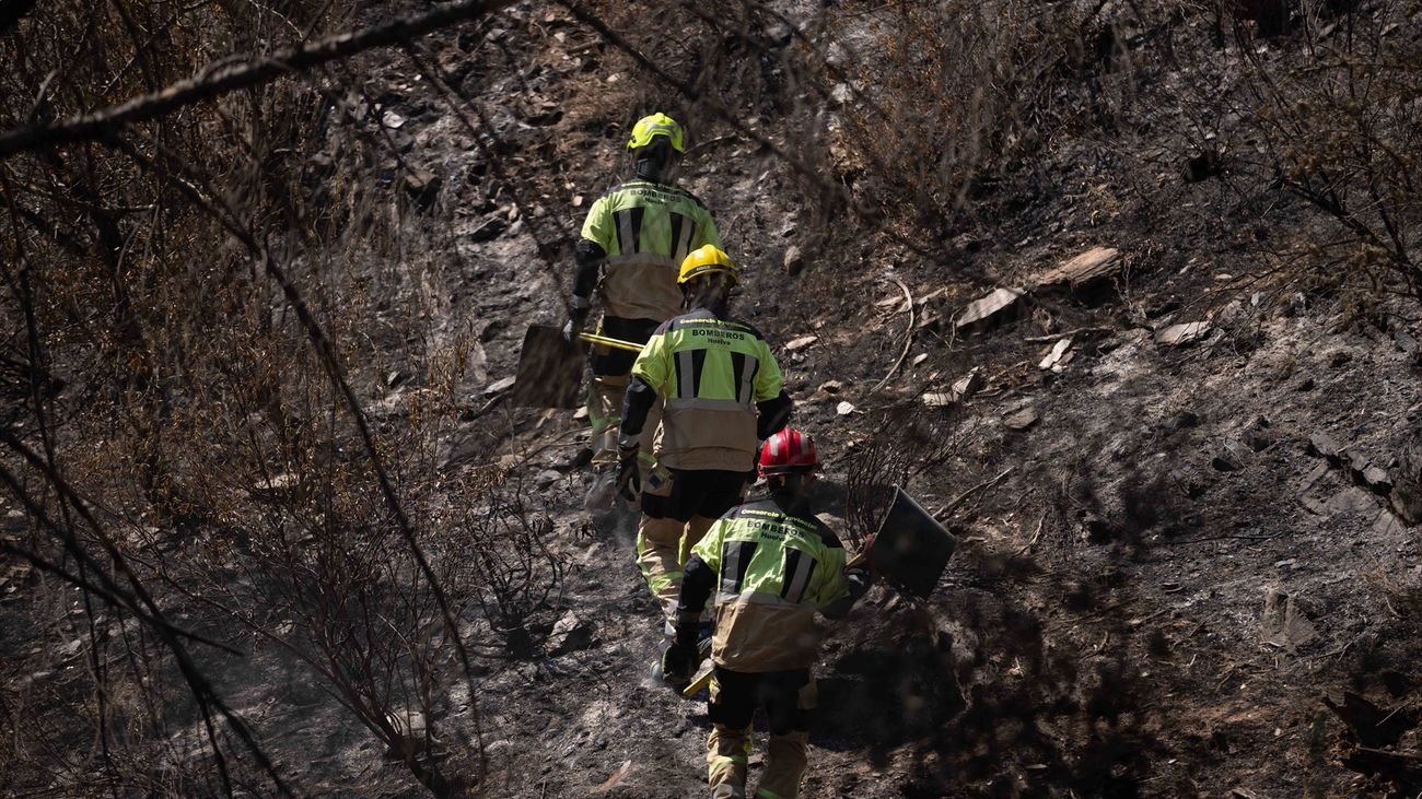 Bomberos trabajan en el incendio de Niebla en el término municipal de Berrocal (Huelva), a 15 de agosto de 2026