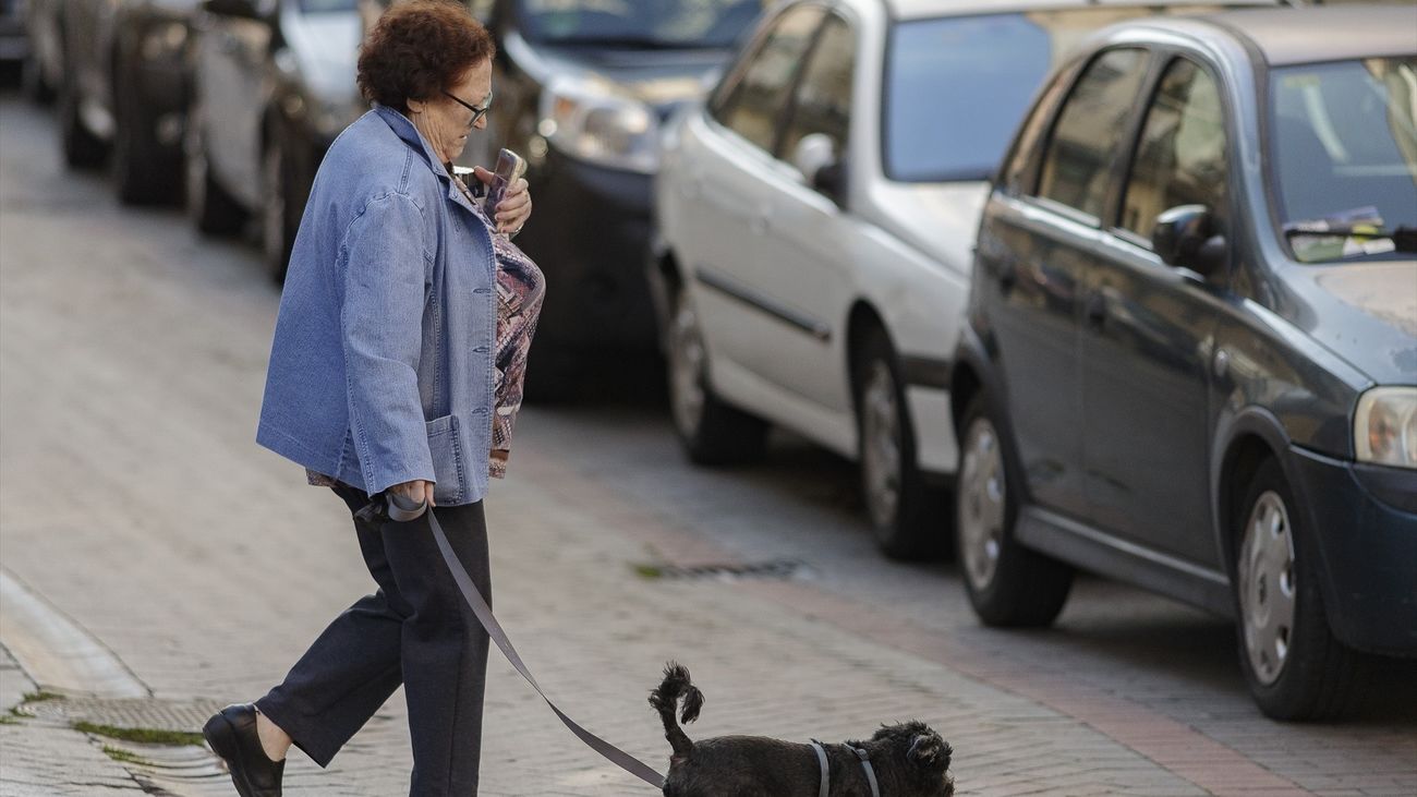 Una mujer pasea con su perro en una calle de Madrid