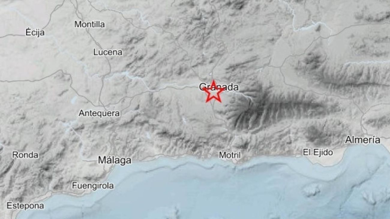 Mapa de la provincia de Granada con la señalización del epicentro de un seísmo sentido en Churriana de la Vega