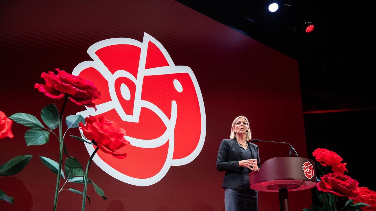 Magdalena Andersson, líder del Partido Socialdemócrata sueco, durante un mitin