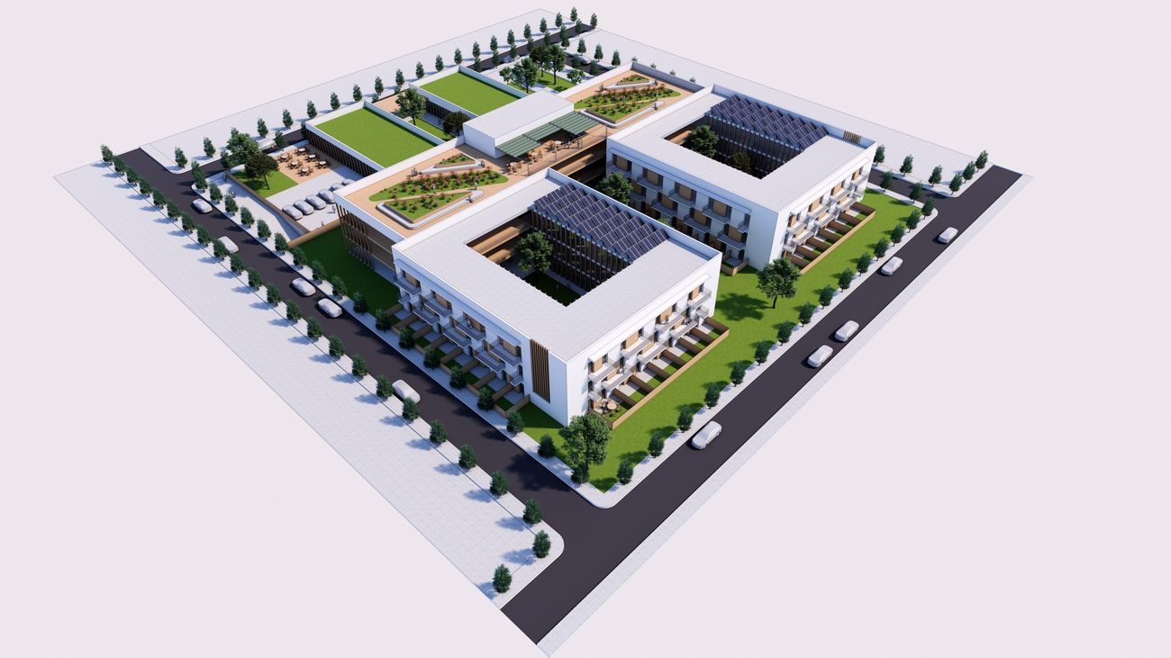 Gráfico tridimensional del proyecto de construcción de la residencia para personas mayores en el barrio de Las Rosas