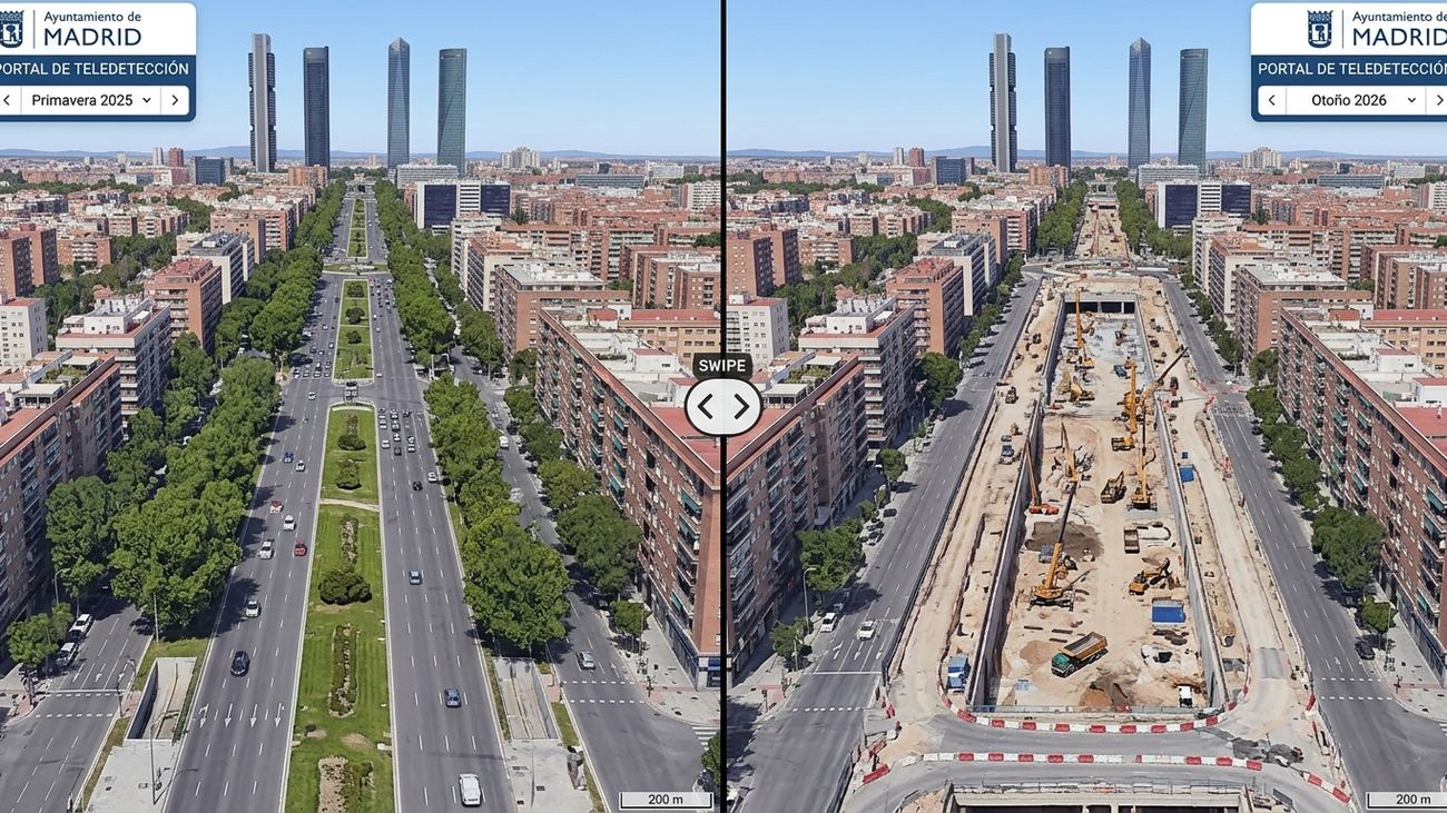 Recreación digital del funcionamiento de la herramienta interactiva 'Swipe' (Barrido Temporal) integrada en el Portal de Teledetección del Ayuntamiento de Madrid.